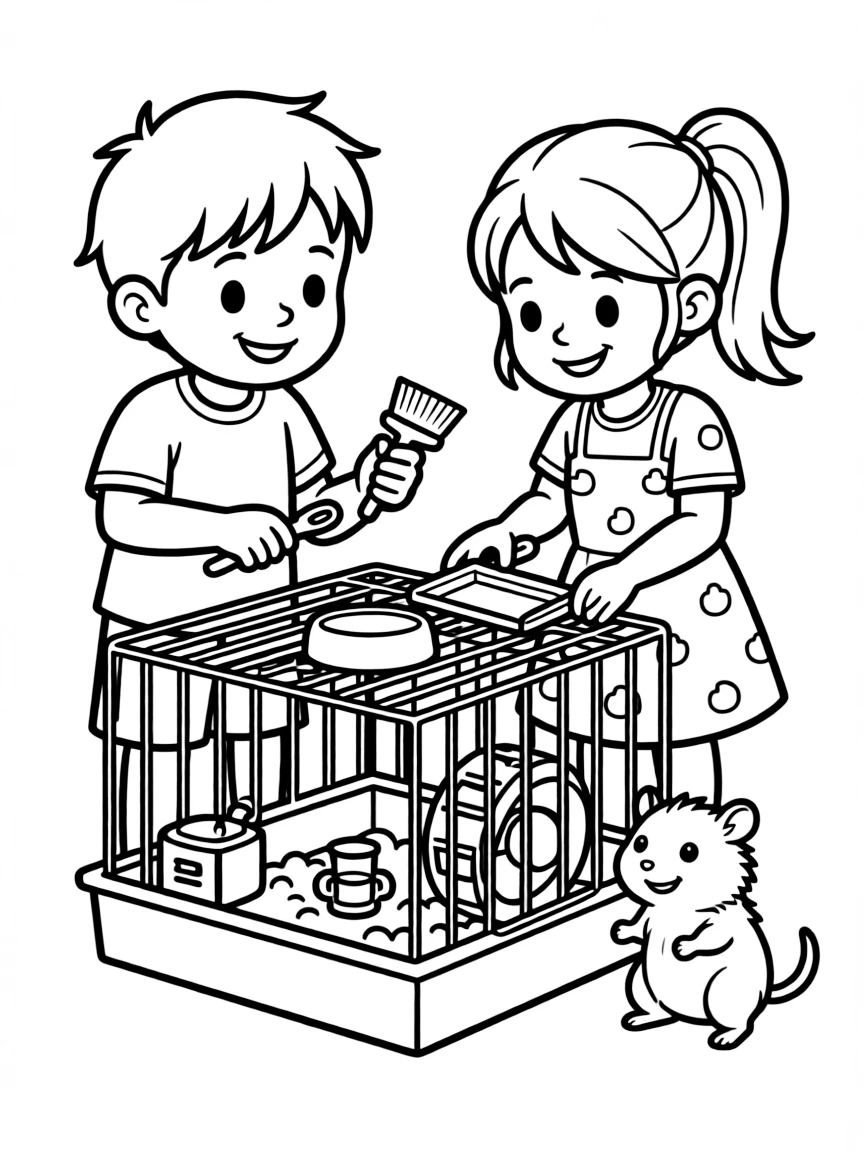 Children helping clean a hamster cage