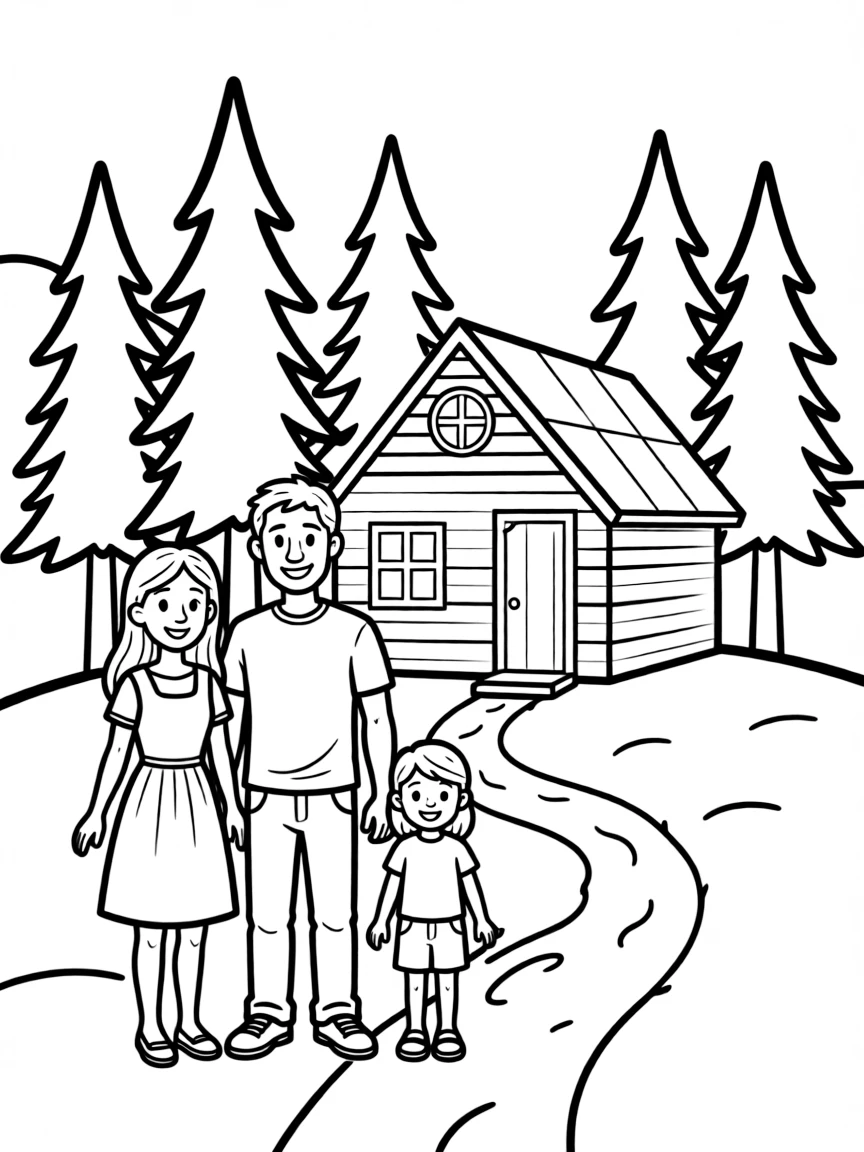 Family at a mountain cabin with pine trees