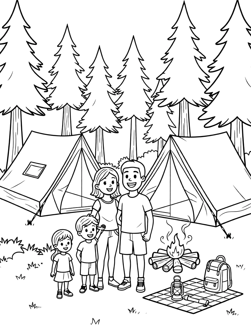 Family camping in the woods with tents