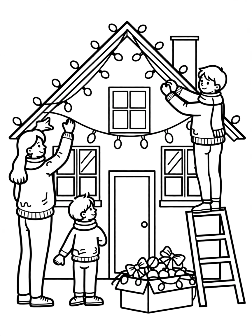 Family decorating a home for Christmas with lights