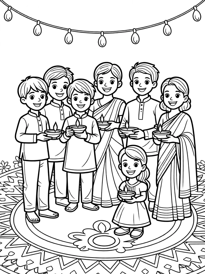Children and parents at a Diwali celebration with lamps