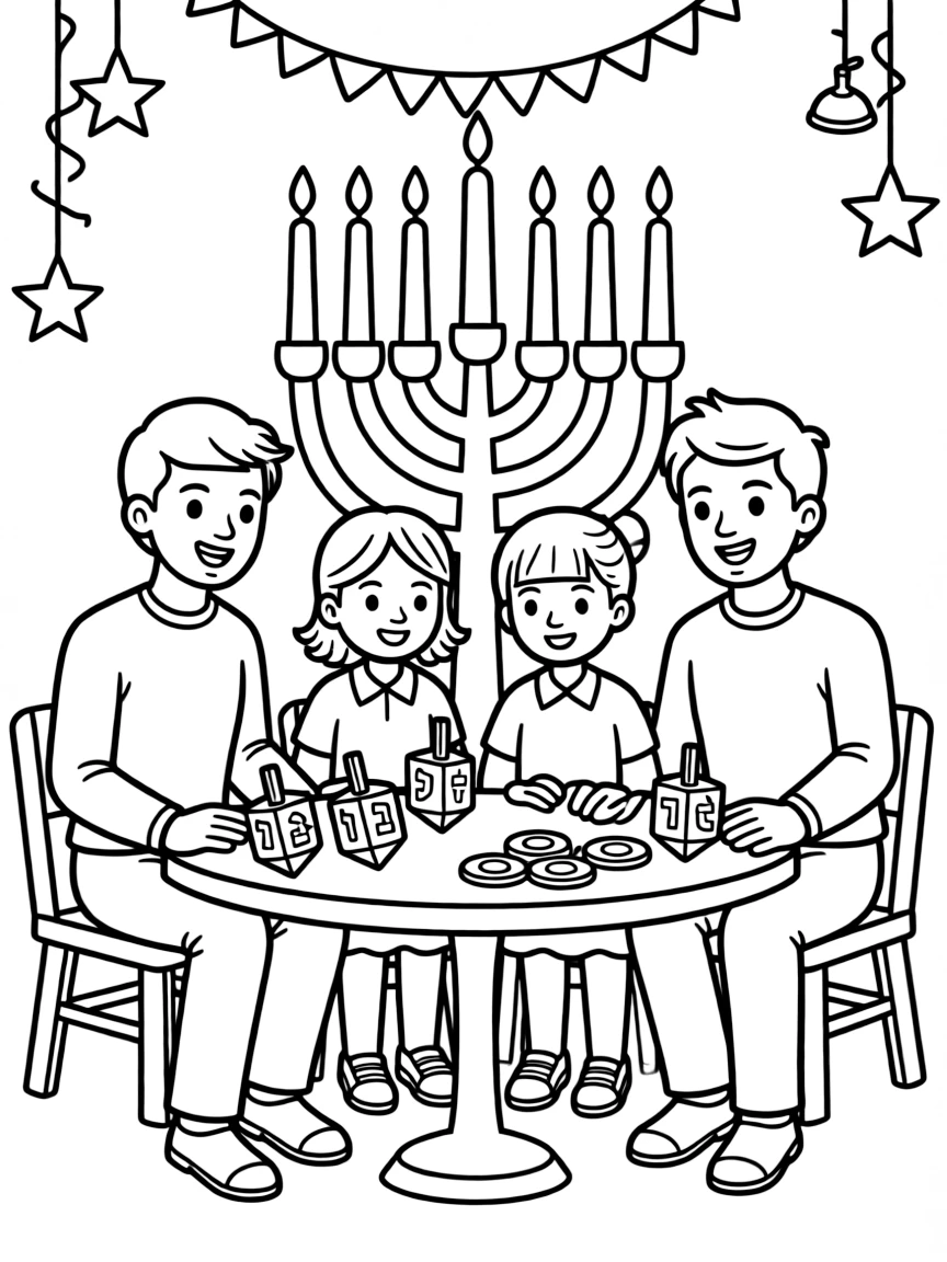 Family at a Hanukkah celebration with dreidels