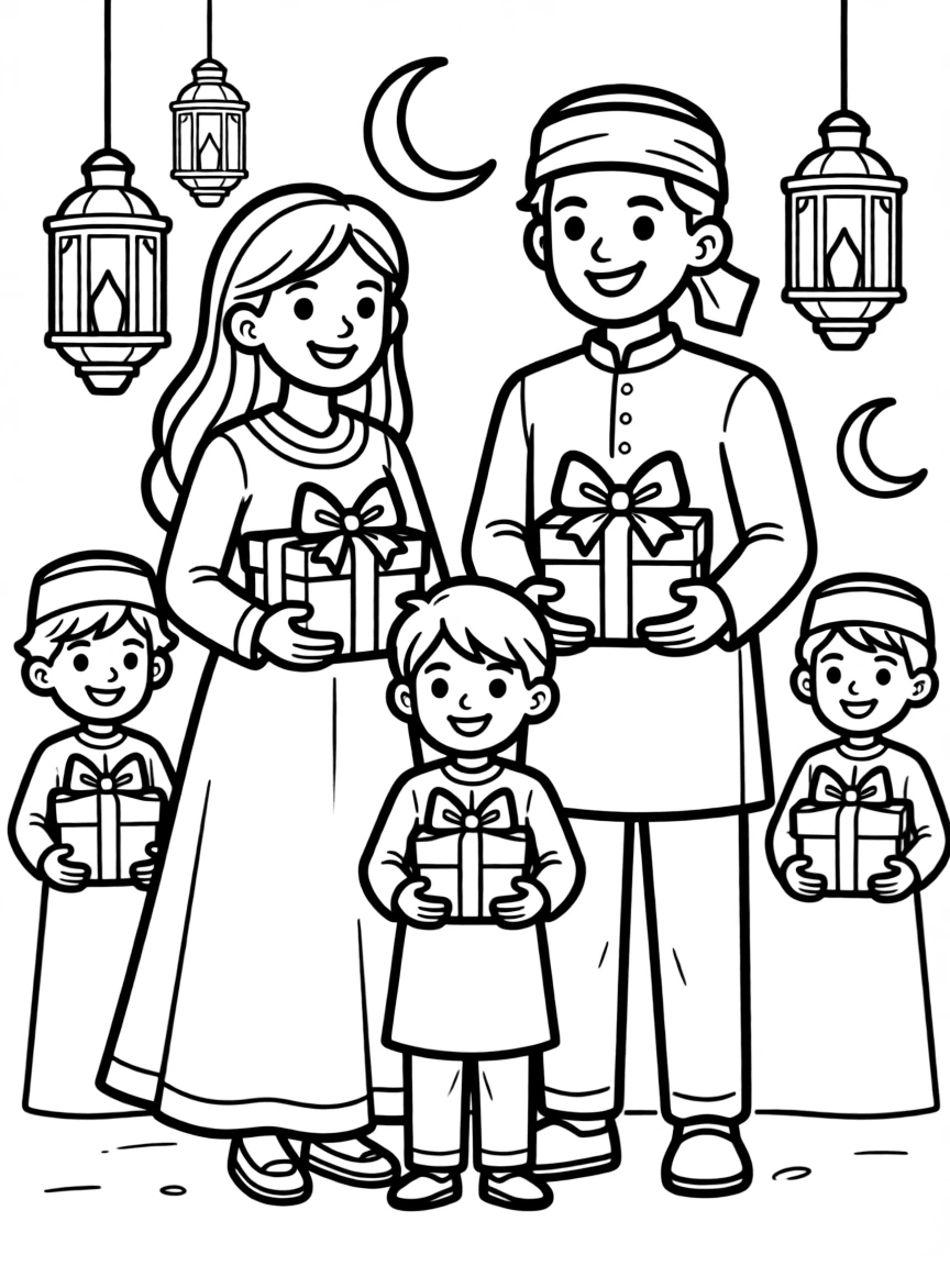 Parents and children at Eid celebration with gifts