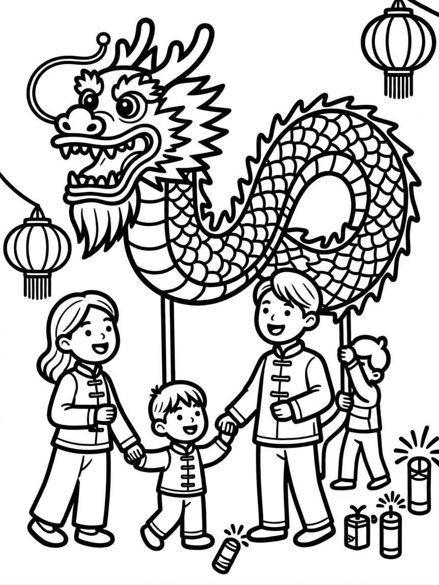 Family celebrating Chinese New Year with dragon dance