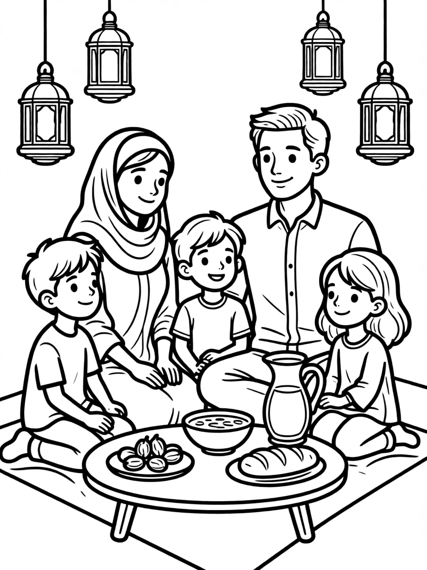 Parents and children celebrating Ramadan with foods