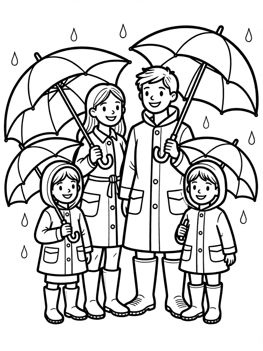 Family dressed for rain with umbrellas and boots