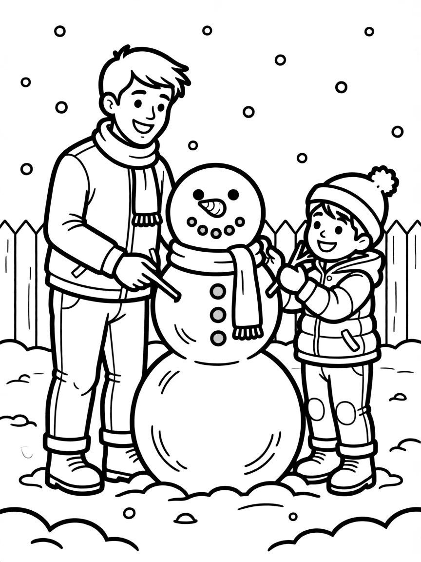 Parents and children building a snowman in yard