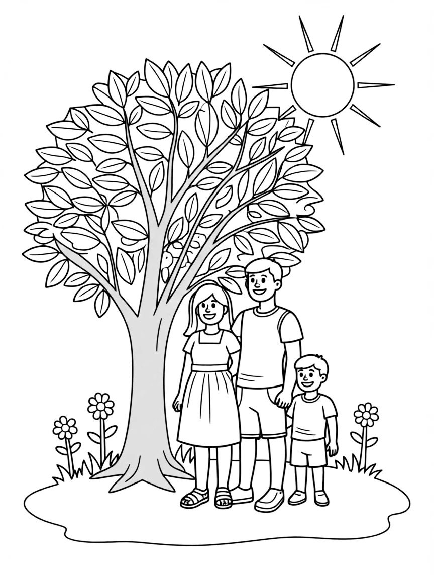 Family seeking shade under a tree on hot day