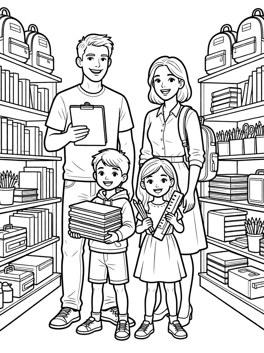 Family at back-to-school shopping with supplies