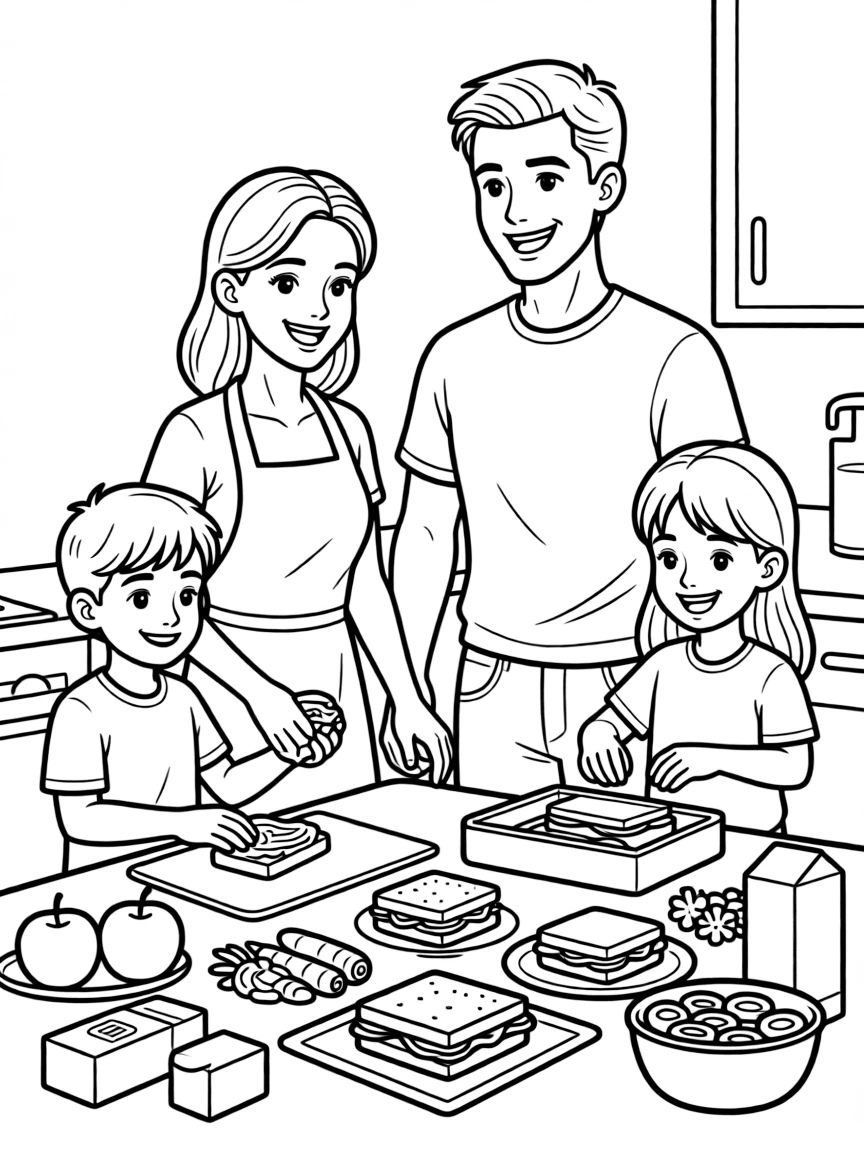 Family preparing lunches for school week