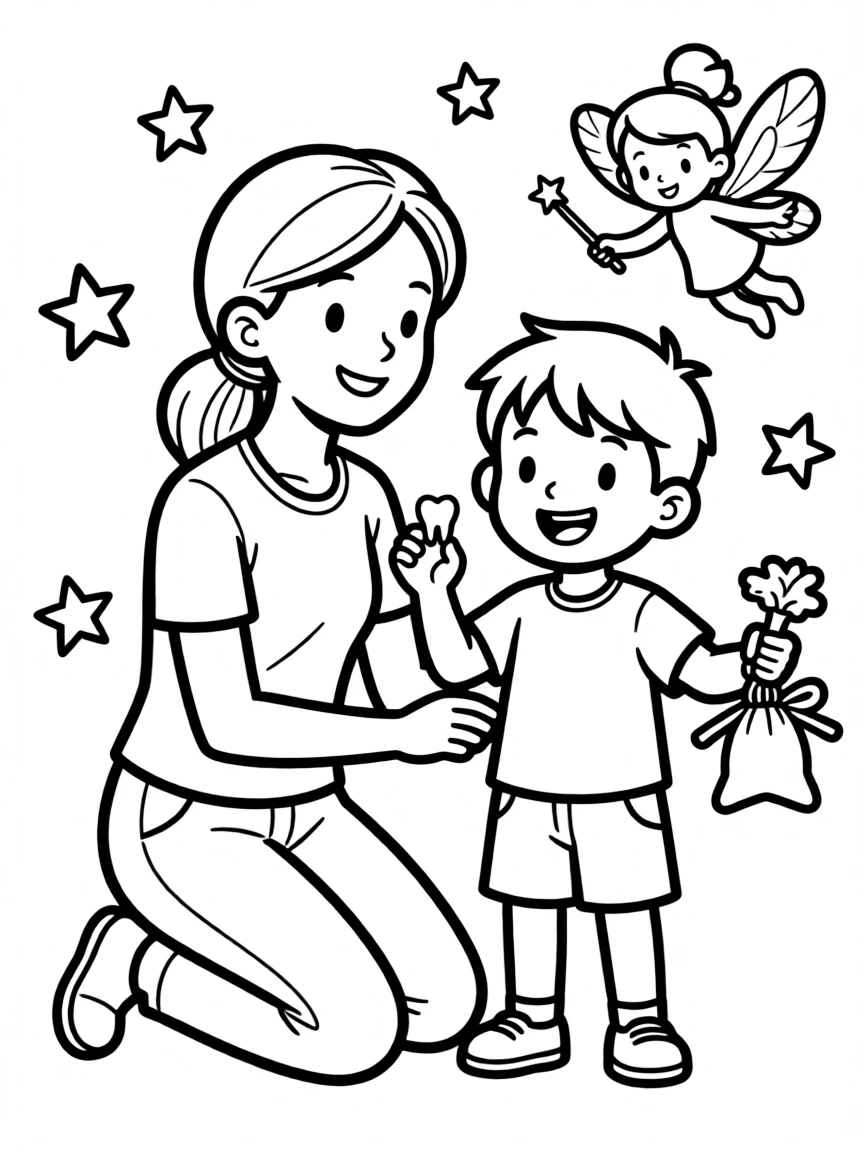 Parents and child with first lost tooth