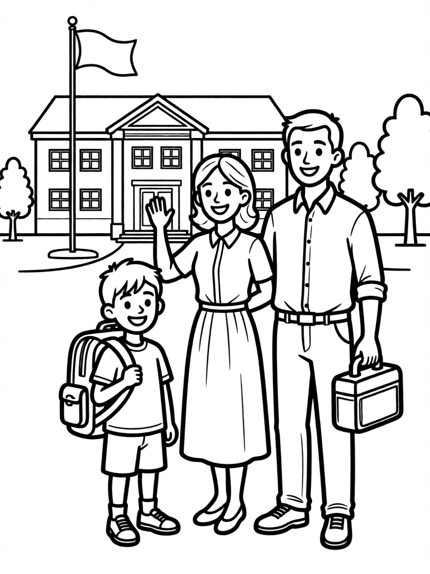 Family at child's first day of school with backpack