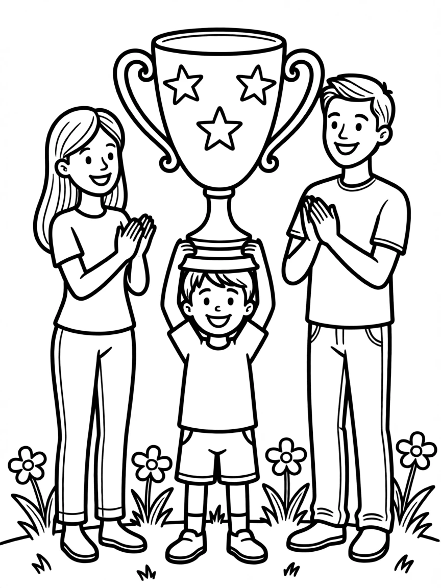 Family celebrating child's first sports trophy