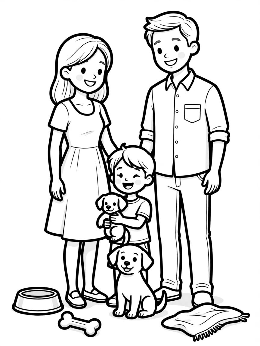 Parents and child with first pet and supplies