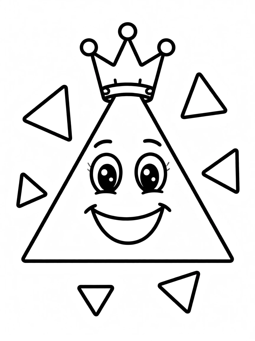 A smiling triangle wearing a crown, surrounded by smaller triangles in different orientations