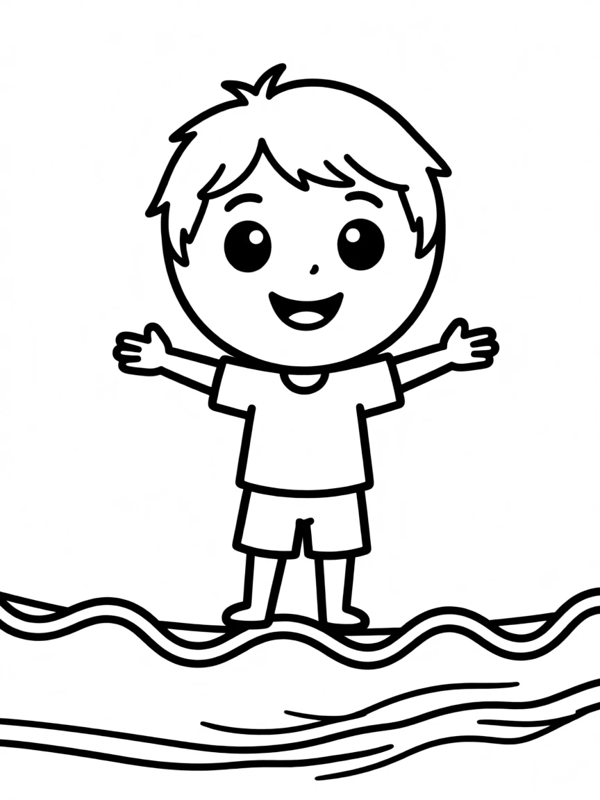 A round circle character with expressive eyes balancing on a tightrope of wavy lines