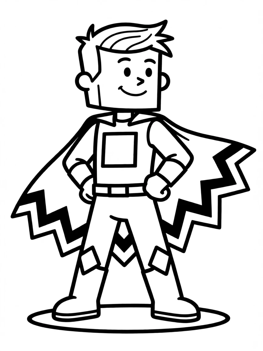 A brave rectangle superhero with a flowing cape made of zigzag patterns