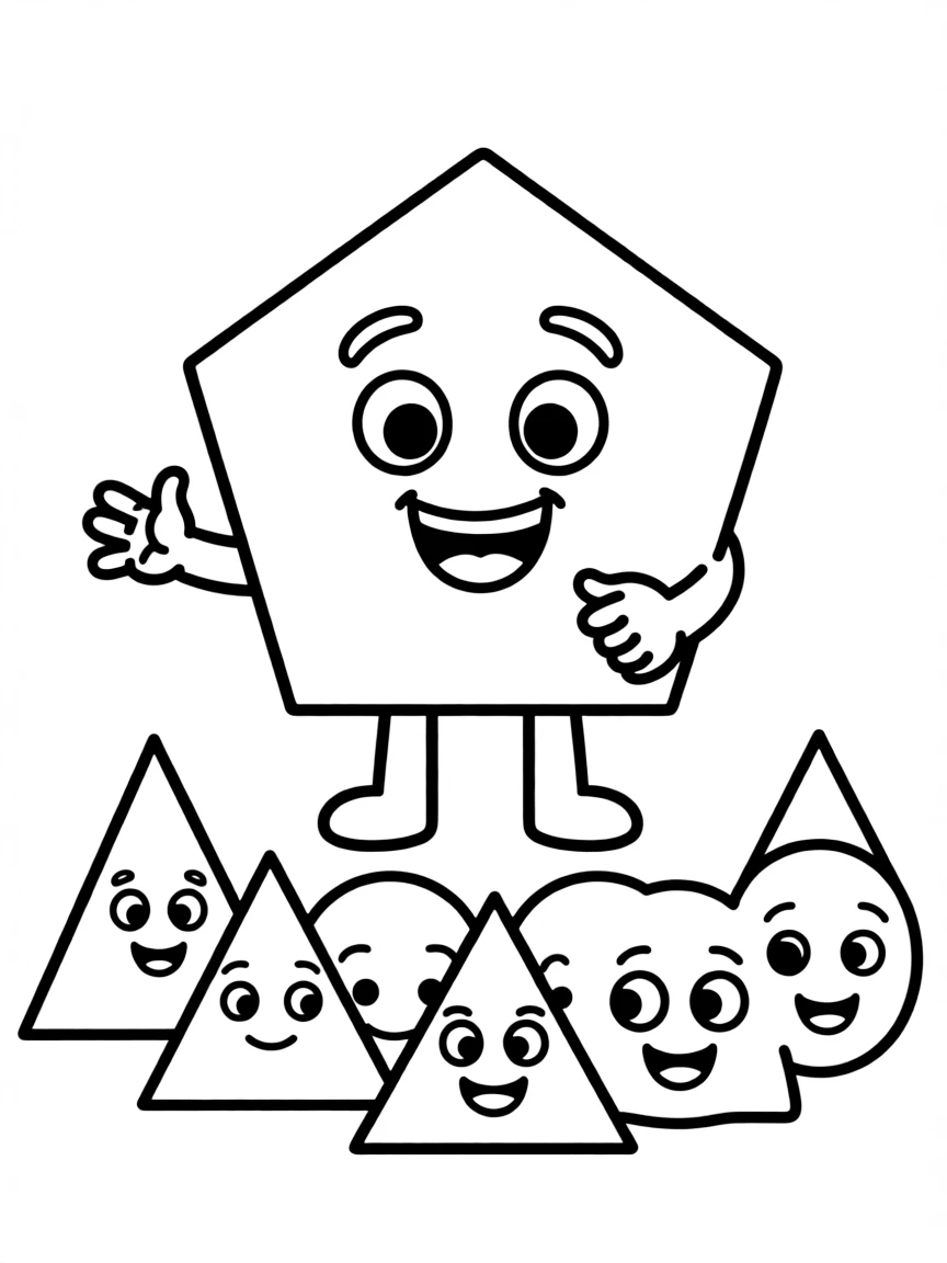 A pentagon telling stories to a group of attentive triangles and circles