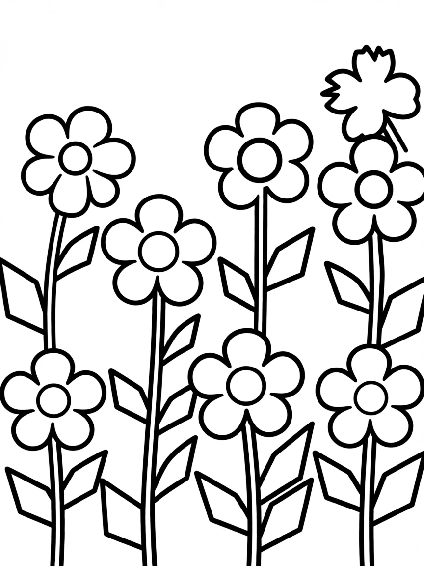 A garden of flowers made from circles with triangular and rectangular leaves and stems