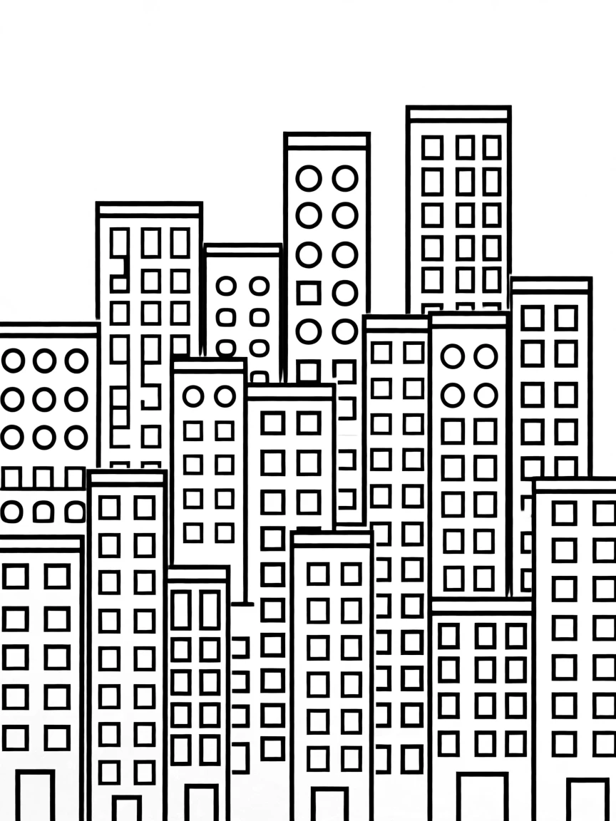 A cityscape using only rectangles of varying heights with circular and square windows