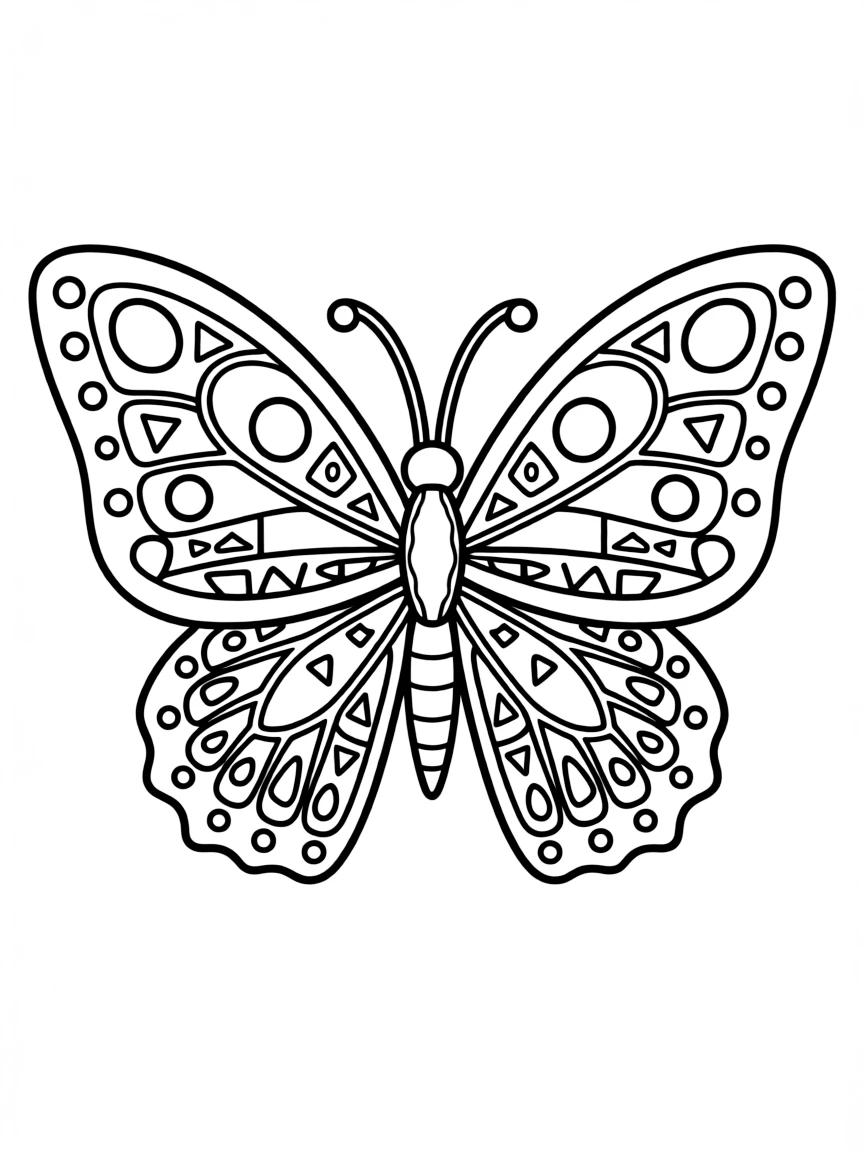 A butterfly with symmetrical wings composed of geometric patterns and shapes