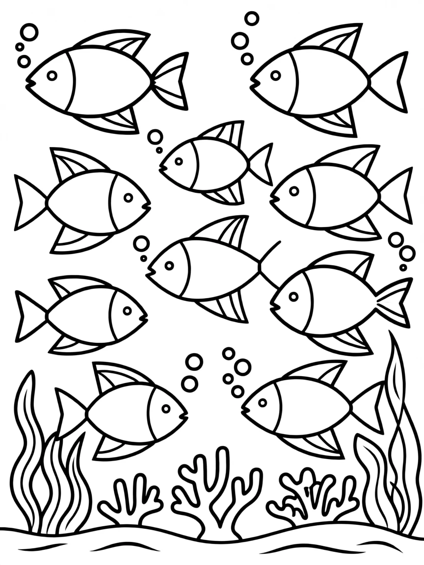An underwater scene with fish made of ovals, triangles, and crescents