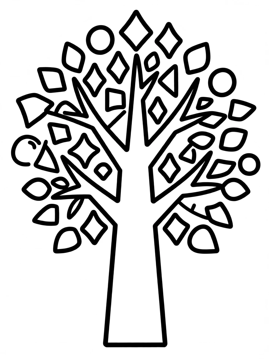 A tree with a rectangular trunk and leaves made of circles, diamonds, and triangles
