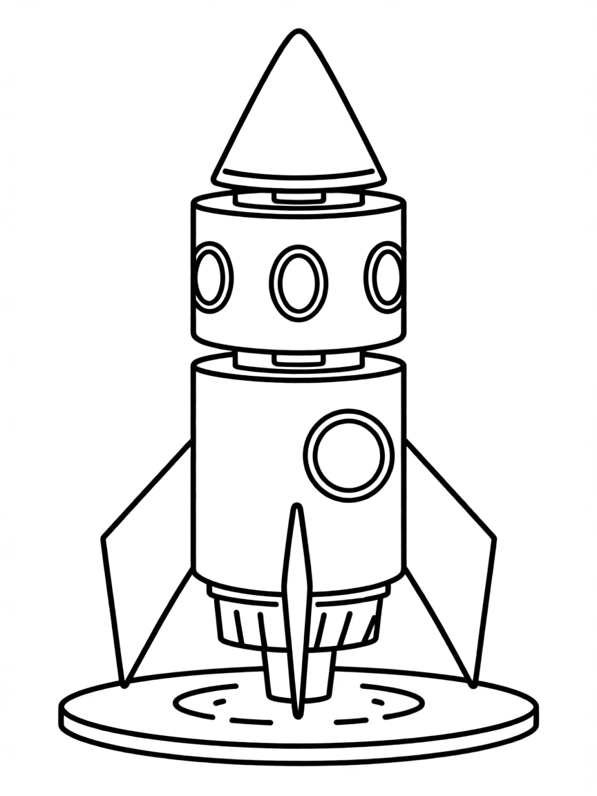 A rocket ship constructed from cylinders, cones, and triangular fins