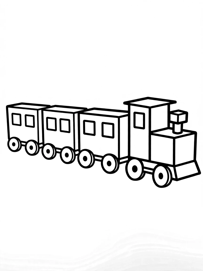 A train formed from connected rectangles with circular wheels and square windows