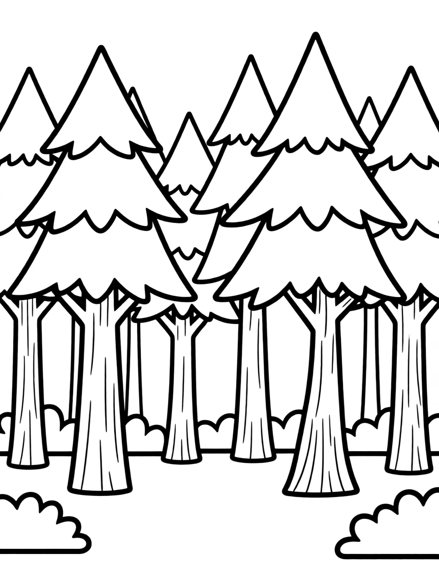 A forest of trees with triangular tops and rectangular trunks of varying heights