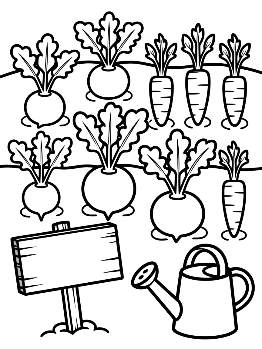 A garden of vegetables represented by basic shapes (circular radishes, cylindrical carrots)
