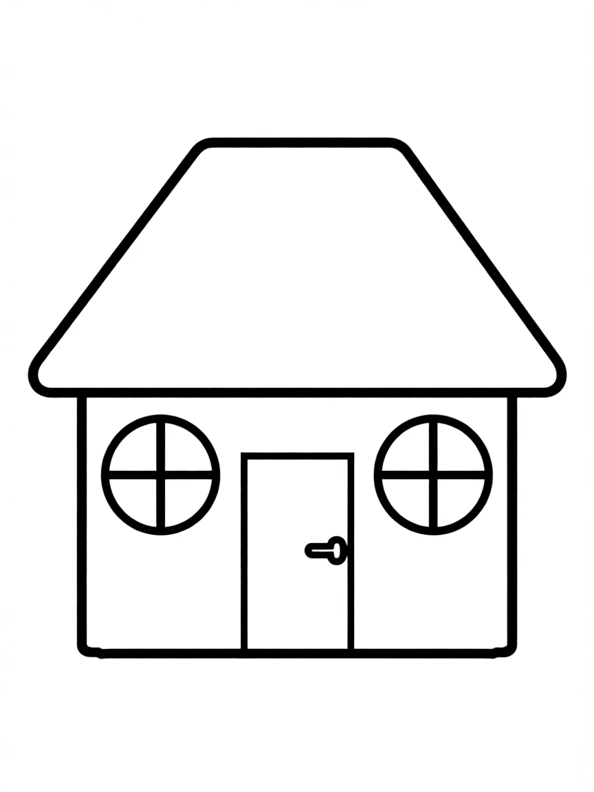 A house constructed from a square base, triangular roof, rectangular door, and circular windows