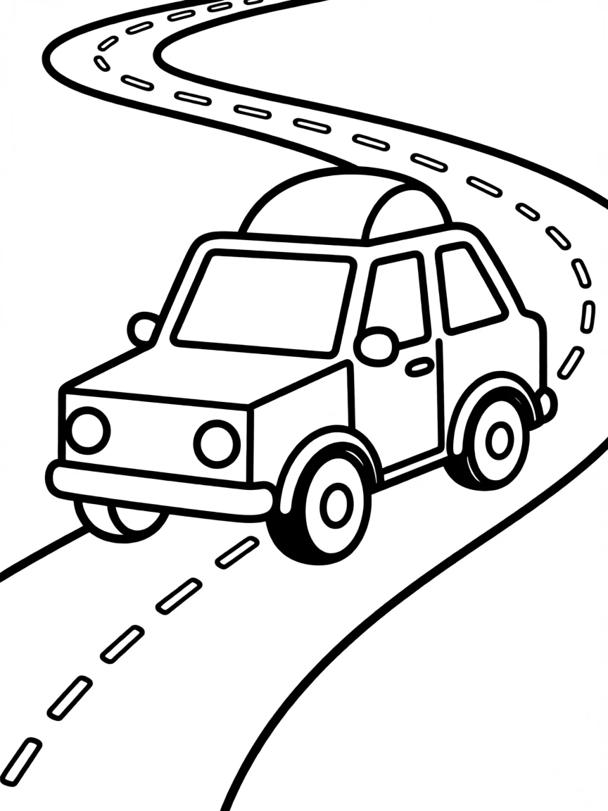 A car built from rectangles, circles, and semicircles, driving on a winding road