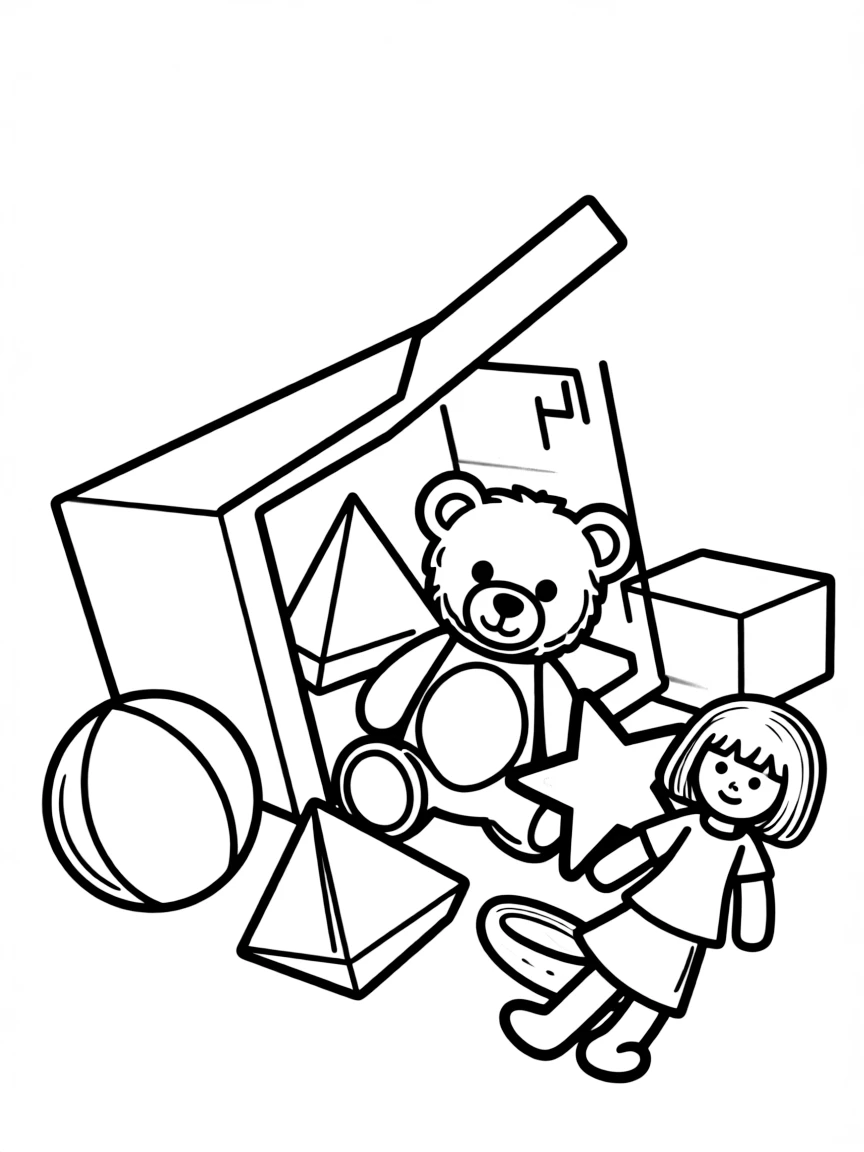 A toy box spilling out toys made from basic shapes and bright colors