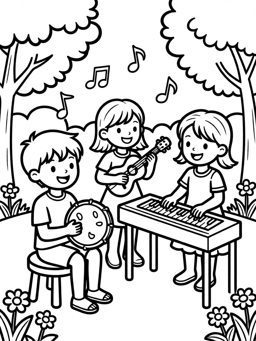 Musical instruments represented by their basic shapes (circular drums, rectangular pianos)