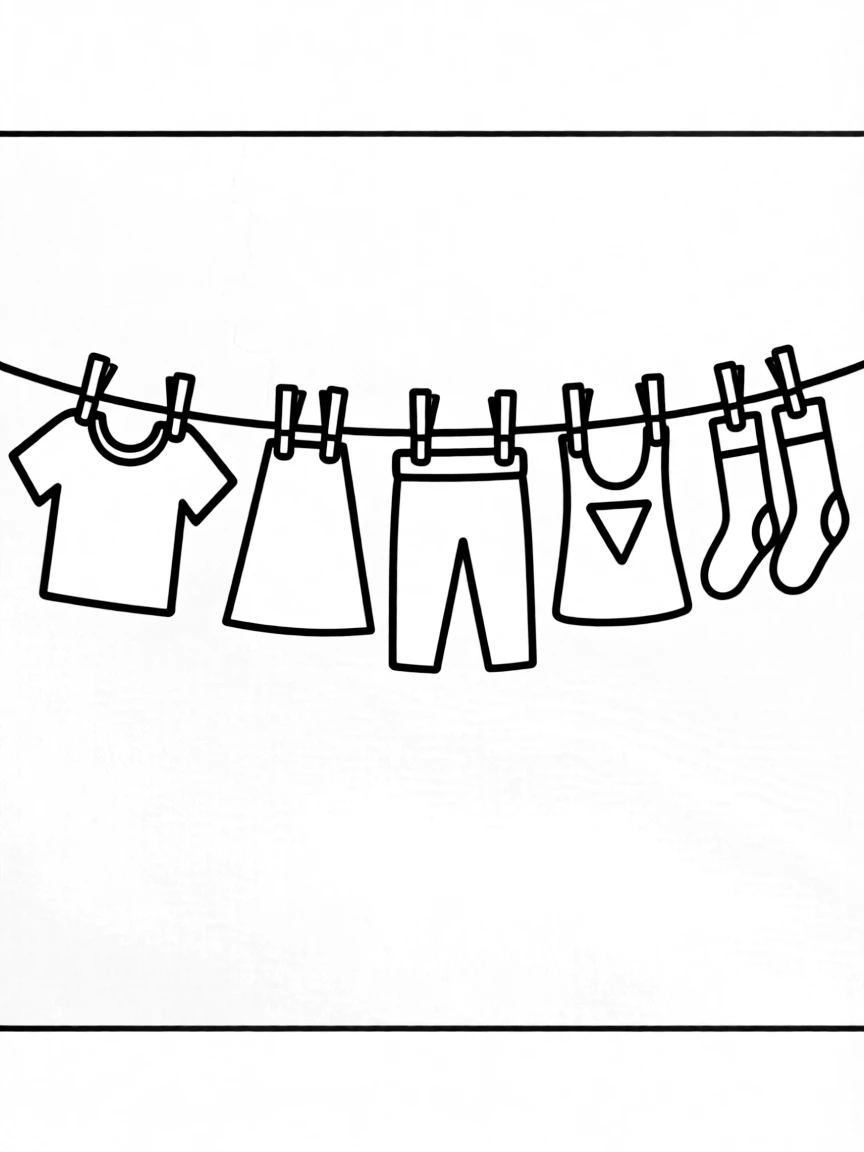 Clothing items hung on a line, each made from simple geometric shapes