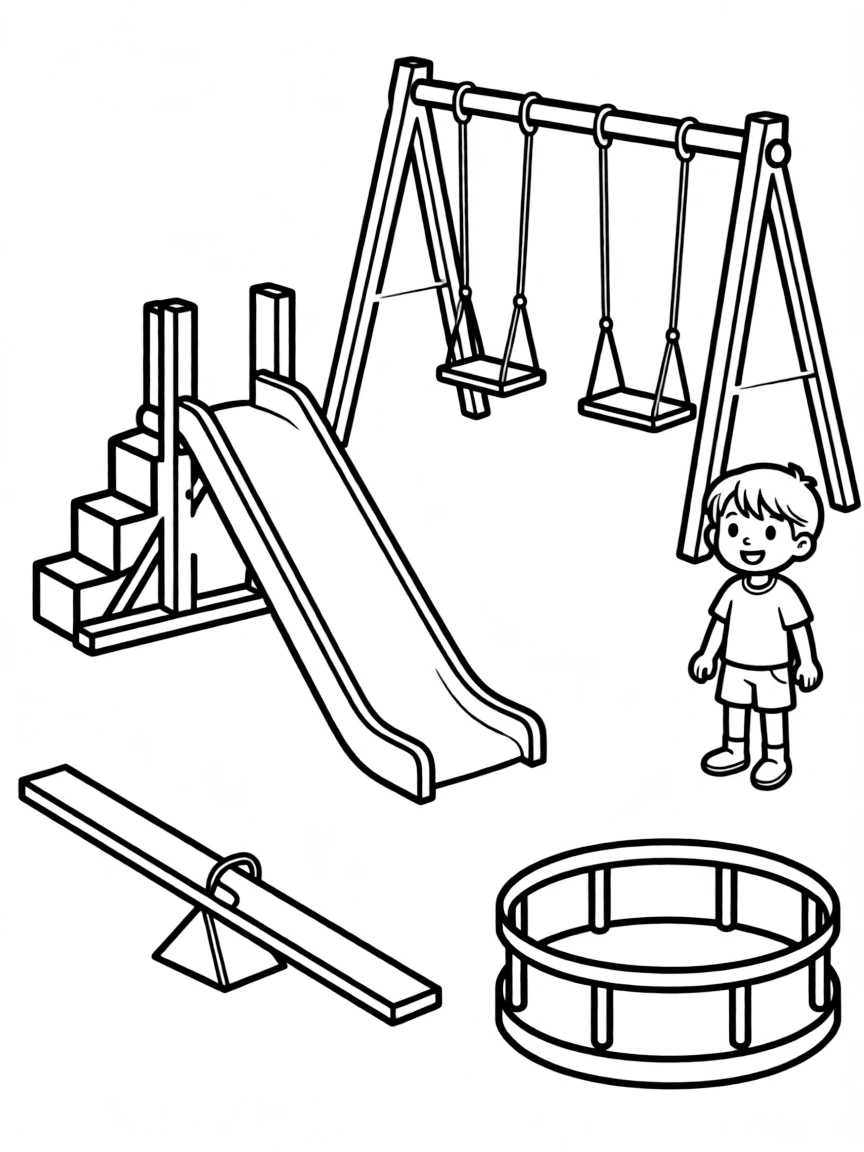 A playground with equipment constructed from basic geometric forms