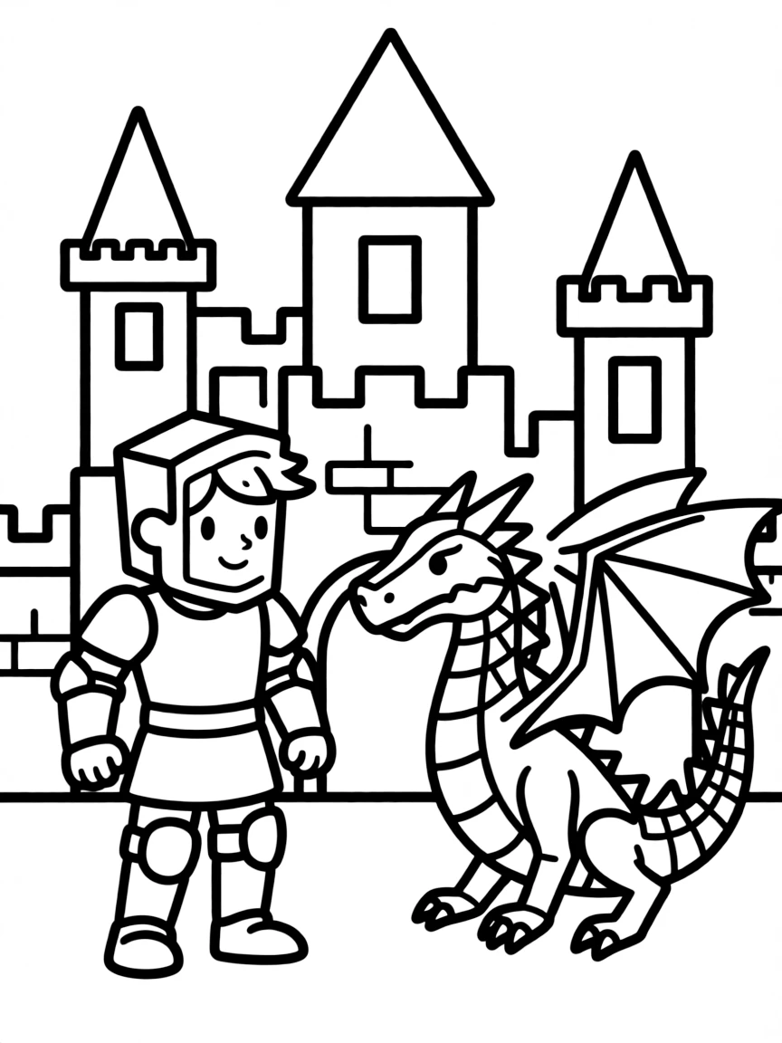 A square knight protecting a castle made of geometric shapes from a dragon made of angular shapes
