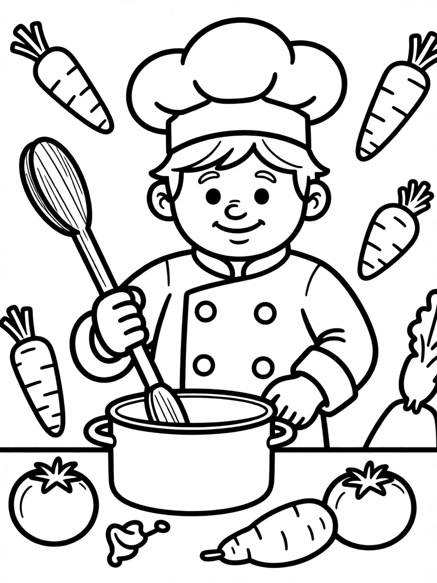 A circular chef preparing a meal using ingredient shapes (carrot cylinders, tomato spheres)