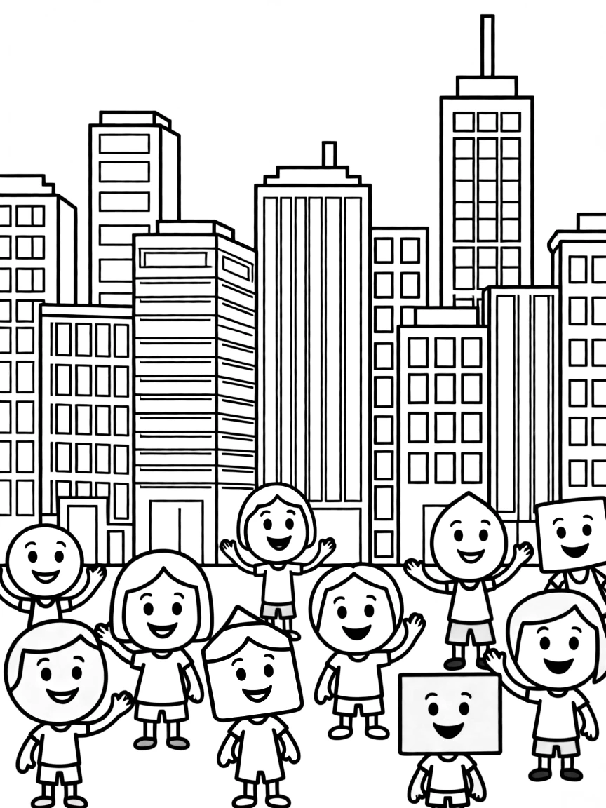 Rectangle and square buildings forming a city skyline with shape characters as residents
