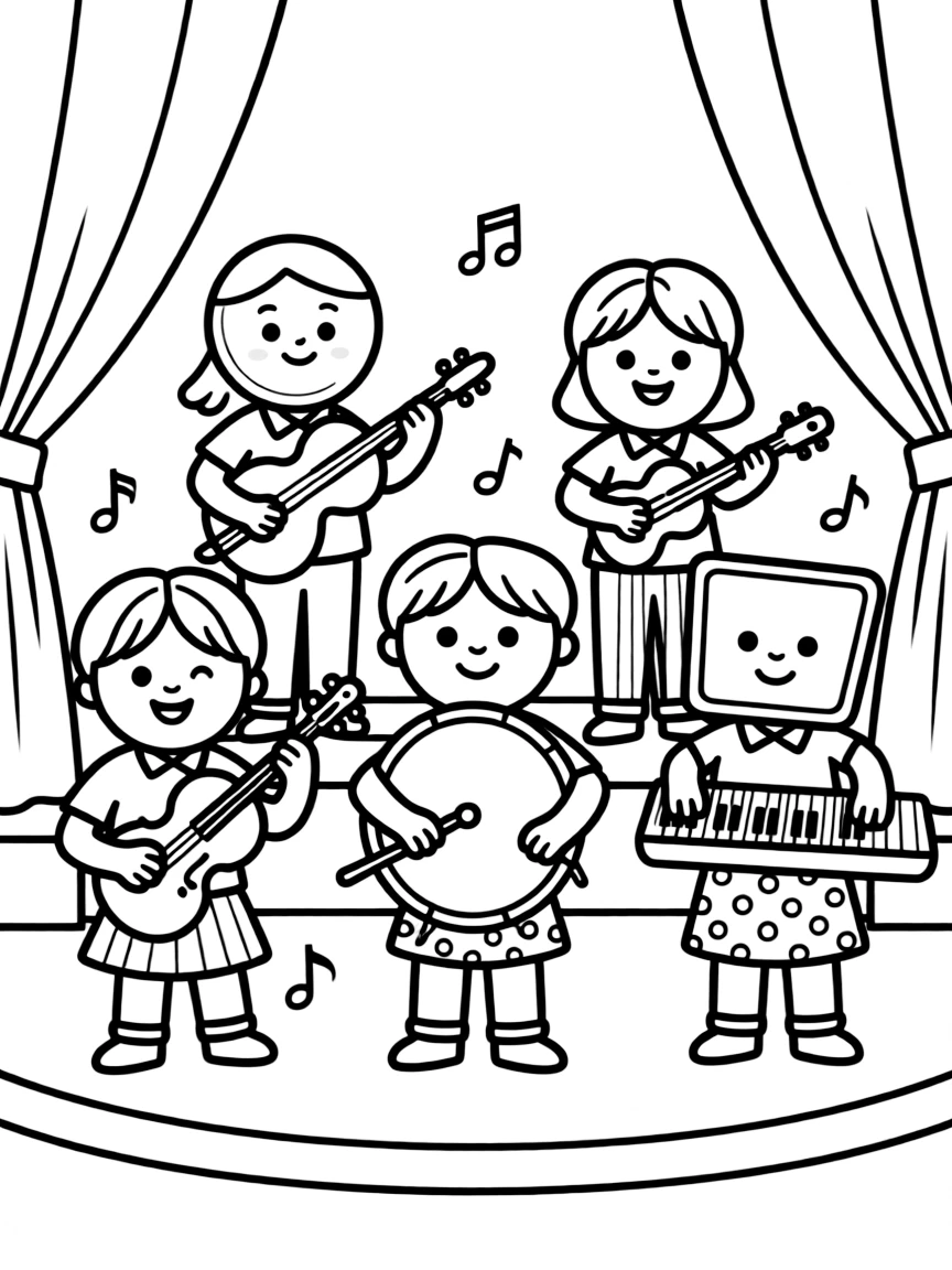 A shape orchestra with instrument-shaped characters performing on a stage
