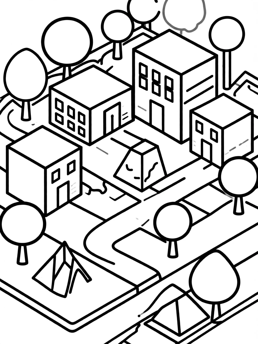 3D shapes (cubes, spheres, pyramids) arranged to create an isometric landscape