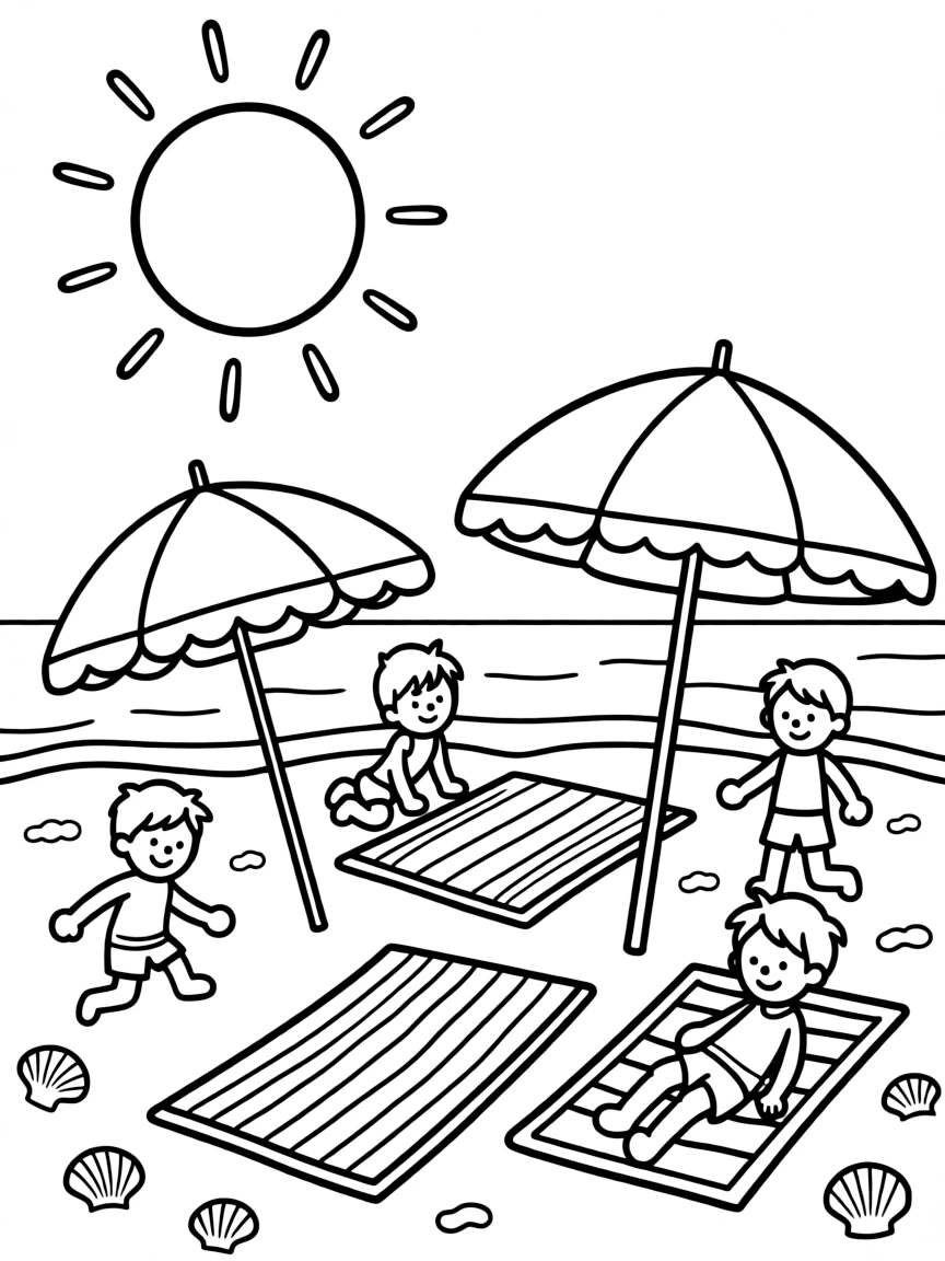 Summer beach scene with a circular sun, rectangular towels, and triangular umbrellas