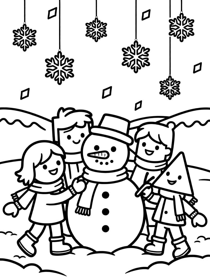 Winter wonderland with geometric snowflakes falling on shape characters building a snowman