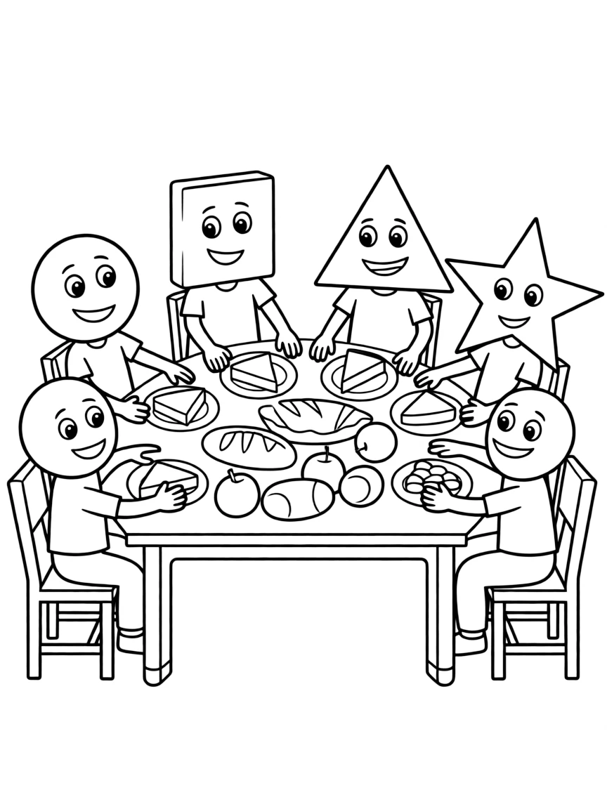 Thanksgiving with shape characters sharing a feast of geometric food items