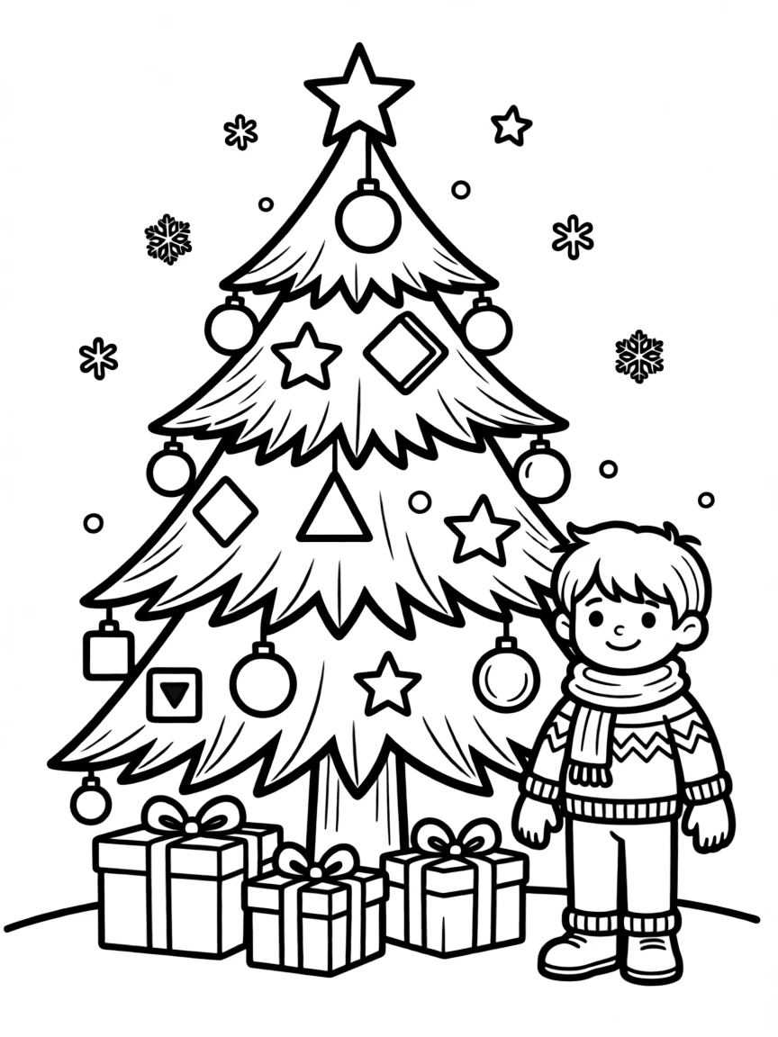 Christmas scene with a triangular tree decorated with various geometric ornaments