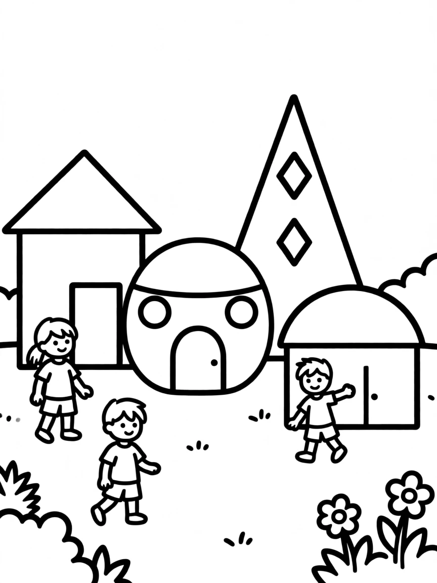 A village of houses each built from different primary shapes