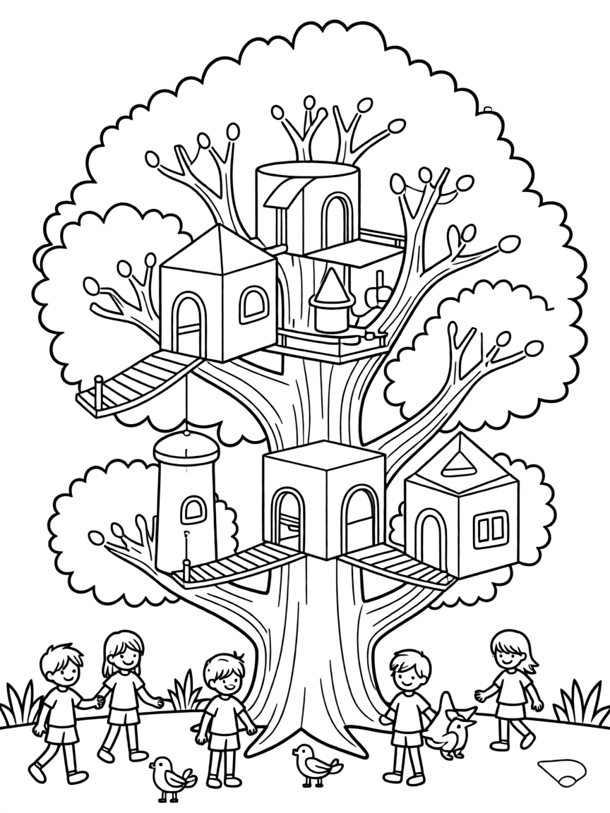 A treehouse complex connected by bridges, built from various geometric forms
