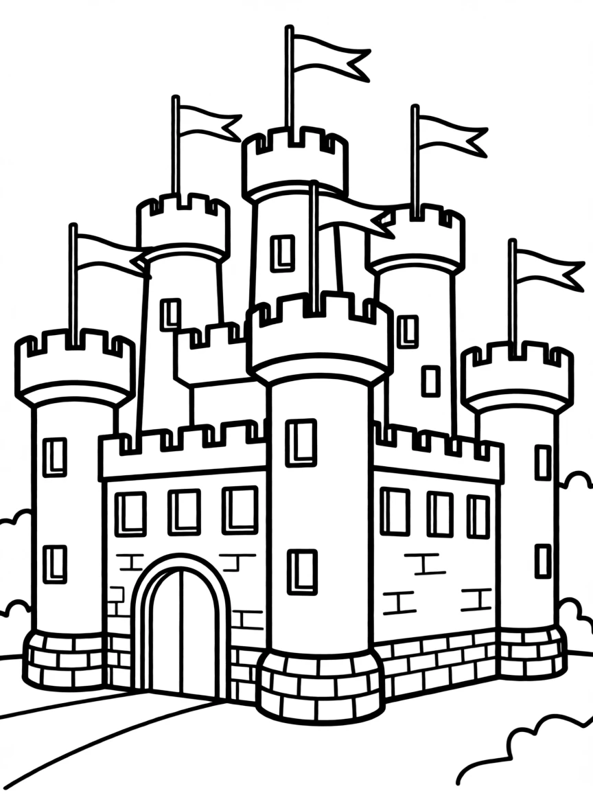 A castle with circular towers, square walls, and triangular flags