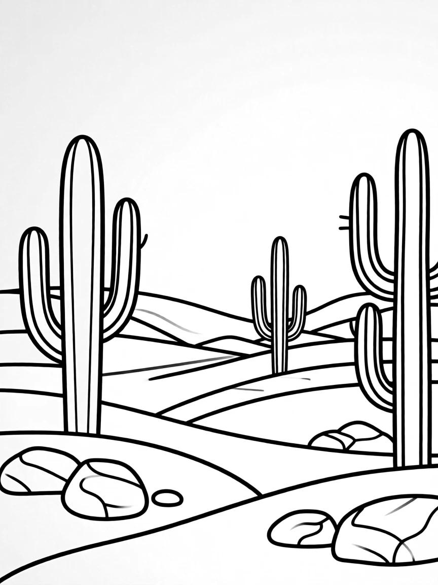 A desert landscape with cacti made from elongated rectangles and oval shapes